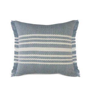 24 Blue and Off White Striped Indoor Outdoor Throw Pillow With Fringe - Picture 1 of 1