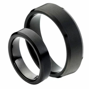 Free Engraving - 8mm/6mm Tungsten Carbide Brushed Center Wedding Band Ring Set - Picture 1 of 6