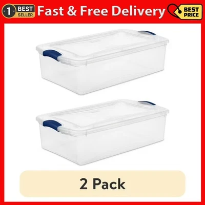 (2 pack) 32 Quart Latch Box, Clear Plastic Storage Bin with Clear Lid, Blue - Image 1 of 4