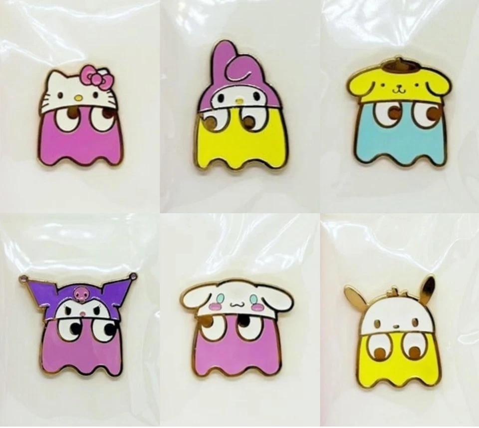Alfileres esmaltados Bandai Sanrio x Pacman Kitty Kuromi Pompompurin Cinnamoroll Pochacco Foto 1 de 3