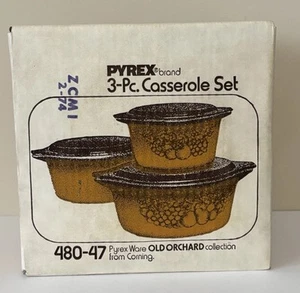 Pyrex Ware 3 Pcs Casserole Set Old Orchard Collection Corning 480-47 Vintage New - Picture 1 of 14