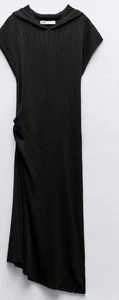 Zara Hooded Ribbed Knit Long Tunic Dress Side Knot short sleeve Size XS/S New - Picture 1 of 13