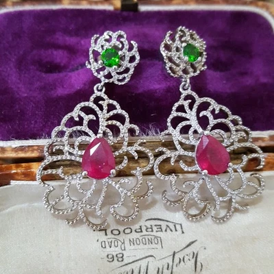 925 Sterling Silver Earrings, Natural Ruby And Green Diopside Earrings, Party  - Image 1 of 4