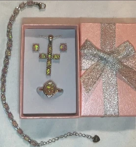Elegant Pink Fire Opal Cross Necklace, Earrings, Bracelet, Ring Sz8.5 Set - Picture 1 of 9
