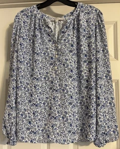 LOFT Boho Tiny Floral Print Mixed Media Size XL Popover Long Sleeve Blouse - Picture 1 of 10