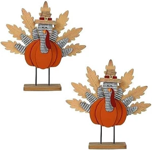 2 Pack Thanksgiving Wooden Turkey Decor, 11.3" Standing Pumpkin Turkey Ornaments - Picture 1 of 12
