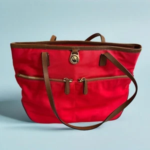 Michael Kors Red Kempton Shopper Tote Bag Shoulder Purse Leather Trim READ - Picture 1 of 15