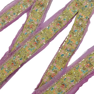 Sanskriti Vintage Sari Border Hand Beaded 1 Yd Trims Lace 2.2"W Green Pink - Picture 1 of 6
