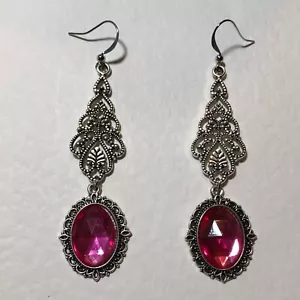 PENDIENTES JER FILIGRANA ESTILO VICTORIANO ROSA CALIENTE CRISTAL ACRÍLICO PLATA P - Imagen 1 de 8