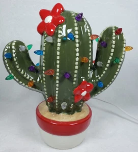 Ceramic Cactus Colored Lights Christmas Tabletop Decor 8.5" switch on plug - Picture 1 of 12