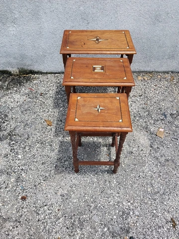 Antique Set of 3 Oak Nesting Tables Barley Twist Legs Inlaid Marquetry Cover