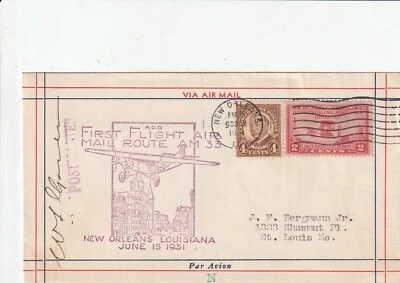 U.S. First Flight 1931, Mail Route AM 33, New Orleans LA -- POSTMASTER SIGNED - Image 1 of 2