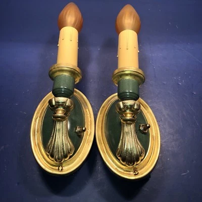 Wired Pair Sconces Vintage yellow brass with a fresh industrial green finish 29D - Image 1 of 4