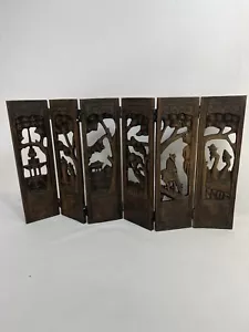 Carved Wooden ANTIQUE Folding Table Top Screen Six Paneled Hinged Asian Scenes - Picture 1 of 11
