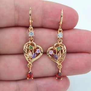 18K Yellow Gold Filled Multicolor Topaz Hollow Out Heart Charm Earrings Jewelry - Picture 1 of 1
