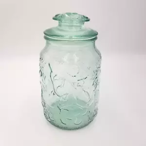Bote de vidrio verde en relieve de frutas de huerto Libbey de colección con tapa 9 1/2" - Imagen 1 de 2
