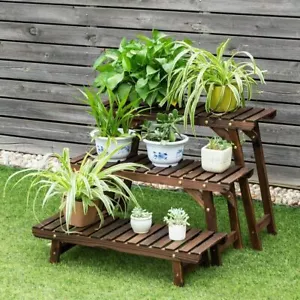 More details for wooden 3-tier plant pots stand ladder shelf flower display rack outdoor patio uk