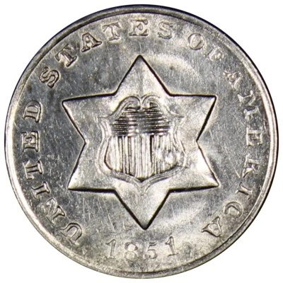 1851-O Three Cent Silver AU+ Almost UNC Circulated Lightly Cleaned A1299 - Image 1 of 2
