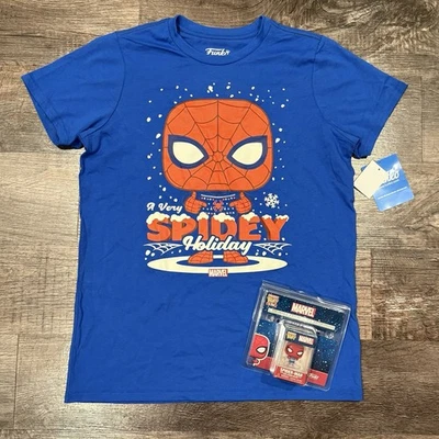 NEW Funko Pop Spider-Man Christmas Holiday Boys T-shirt With Mini Pop Large - Image 1 of 4