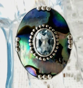 .925 STERLING SILVER RING MERAV OVAL ABALONE & LIGHTBLUE OVAL TOPAZ STONE-6 3/4 - Picture 1 of 4