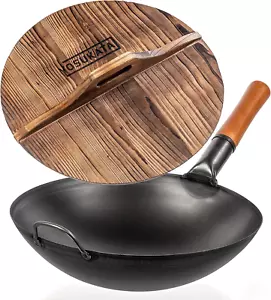 Carbon Steel Wok Pan 14 Cast Iron Wok Cover - Premium Wok Cover 14 Inch Pan Lid - Picture 1 of 9