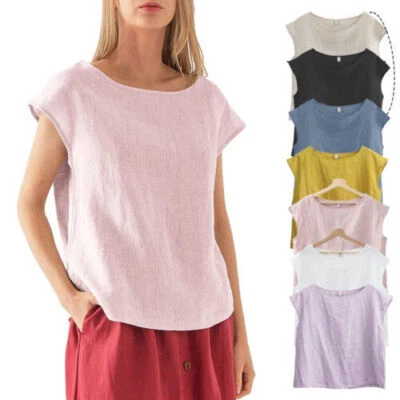 New Womens Linen Casual Cap Sleeve Tops Basic Summer Loose Fit Blouse casual - Image 1 of 4