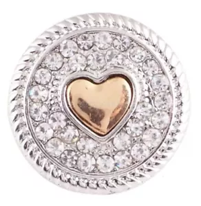 Silver Clear Rhinestone Gold Heart 18mm 20mm Snap Charm For Ginger Snaps - Picture 1 of 1