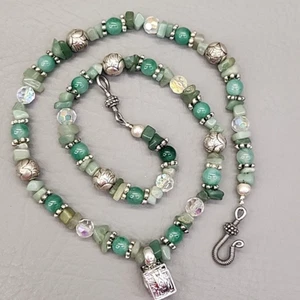 Prayer Box Necklace Beaded Green Glass Aventurine Silver Tone 23 in - Picture 1 of 12