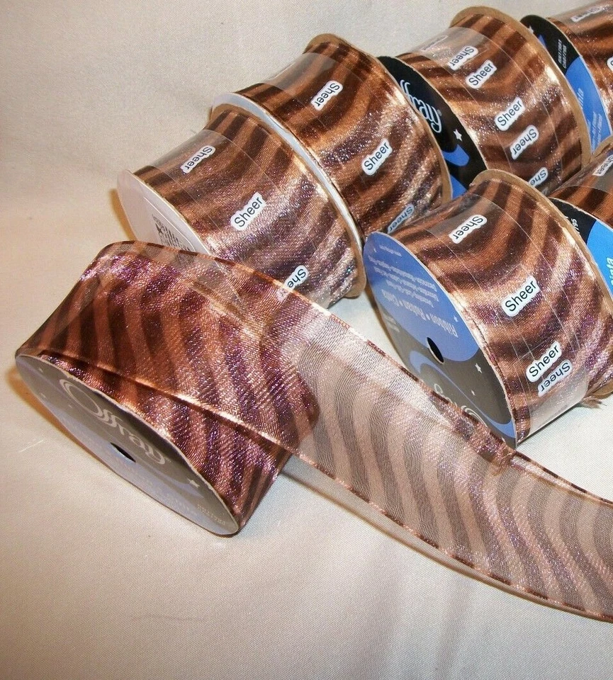5 Rolls LUCY BROWN STRIPE SHEER WIRED RIBBON  1 1/2" wide  9 ft. P/R - Image 1 of 1