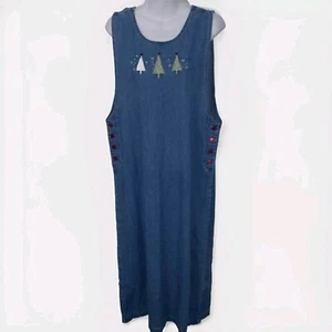 Christopher & Banks Denim Jumper Dress, Embroidered Xmas Trees Size L - Picture 1 of 6