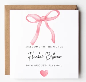 New Baby Girl Pink Bow Card, Personalised Congratulations Baby Girl Card, - Picture 1 of 5