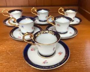 Demitasse Kaffee 6 Tassen 6 Untertassen weiß blau gold Martinroda Krone PM Mark Vintage - Bild 1 von 23