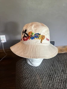 Vintage Disney Hat Cap Beige Bucket Cotton Embroidered Mickey Characters 3D - Picture 1 of 10
