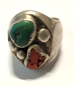KLOBIGER RING STERLINGSILBER INDIANER SW TÜRKIS KORALLE GR. 11 925 - Bild 1 von 4
