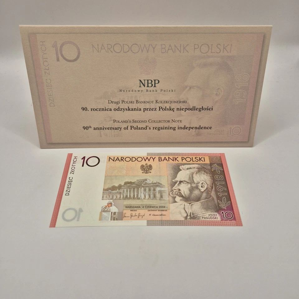 Billete de coleccionista Polonia 10 zlotys 2008 Jozef Pilsudski - Carpeta NBP - UNC Foto 1 de 4