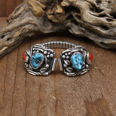 Correa de reloj vintage Southwest de plata esterlina turquesa y coral de Les Baker Foto 1 de 4