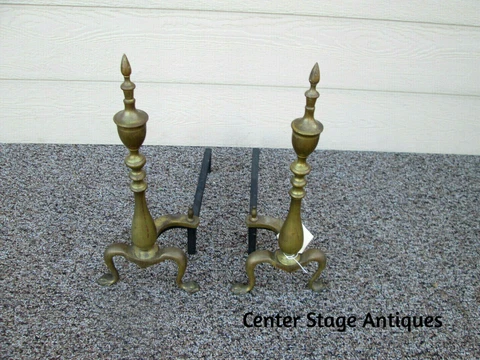 49313 Pair Antique Brass Fireplace Mantel  Andirons Cover