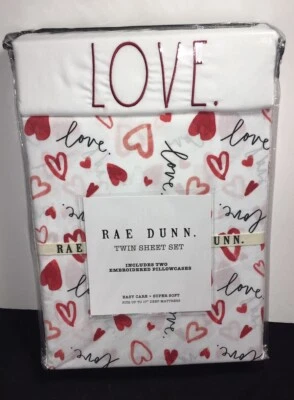 RAE DUNN 4 PIECE “LOVE” HEARTS 💕 TWIN SHEET SET Embroidered NIP - Image 1 of 3