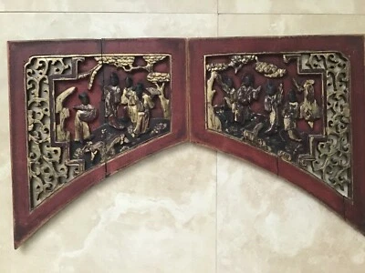 4 Antique Chinese Carved Red Gilt Painted Wood Panels - Image 1 of 4