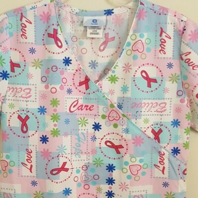 Nurse Scrub Top S Cancer Ribbon Oncology Medical SB Scrub Pullover Drawstring - Image 1 of 4