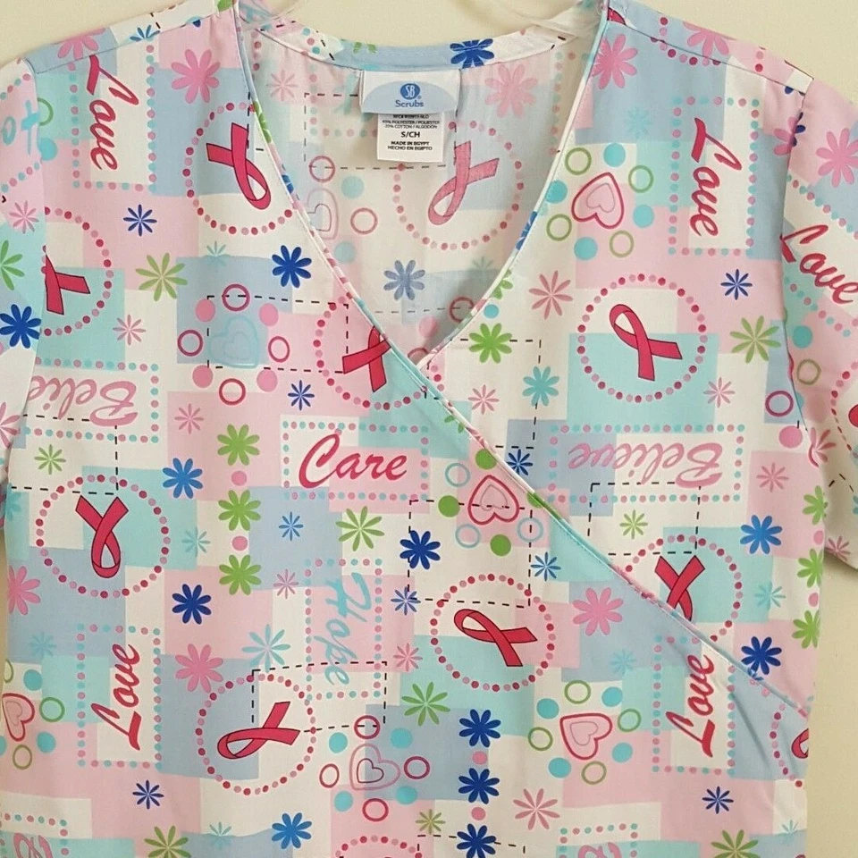 Nurse Scrub Top S Cancer Ribbon Oncology Medical SB Scrub Pullover Drawstring - Image 1 of 4