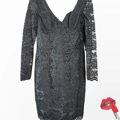 Vintage Moda Int’l Mini Dress Women 10 Little Black Lace Long Sleeve DEADSTOCK - Image 1 of 4