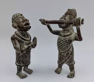 2 African Benin Bronze Statue Set Royal Court Attendant & Messenger Horn Player - Picture 1 of 14