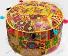 Indian Handmade Bohemian Floral Yellow Ottoman Pouf Cover Seating Foot Stool