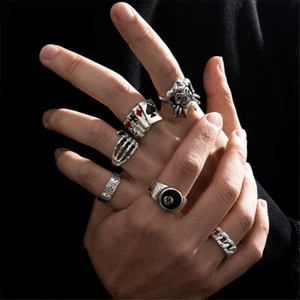 6Pcs Punk Poker Joker Silver Color Rings for Men Goth Skeleton Billiards Set - Picture 1 of 5