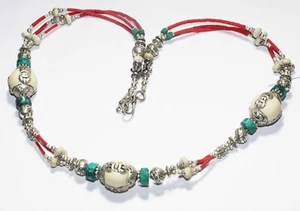 Tibetan Turquoise Red Coral Gemstone Handmade Nepali Necklace Size 18 Inches - Picture 1 of 5