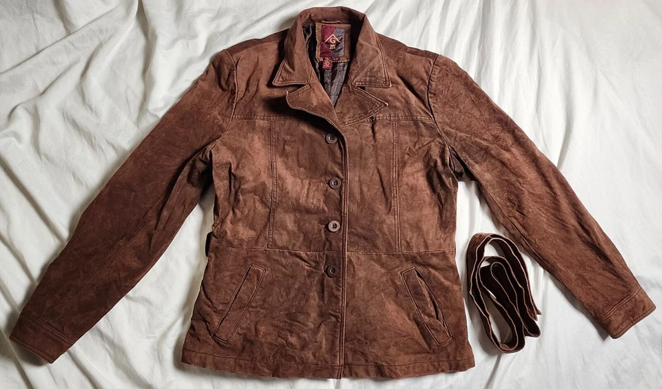 G3 GiiI Women's Leather Jacket With Belt Button Up Brown Lined Size Large - Image 1 of 4