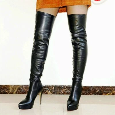 Women Zip Thigh High Over Knee Boots Pointy Toe Stiletto High Heels Party Shoes - Image 1 of 4