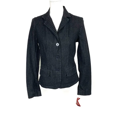 Nuevo con etiquetas Blazer de mezclilla vintage Y2K Chaps para mujer M negro a rayas calce ajustado 3 botones Foto 1 de 4