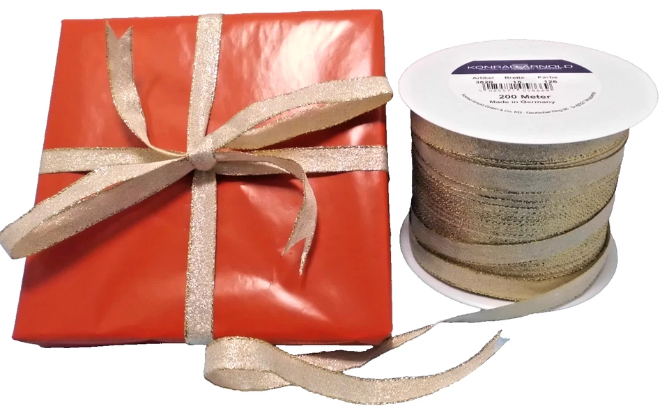 Geschenkband 12 Rollen je 200 Meter, Breite 15 mm Goldfarben  gesammt 2400 Meter - Bild 1 von 4